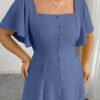 Robe carrée à encolure plissée avec taille cintrée, couleur unie – Image 7