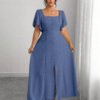 Robe carrée à encolure plissée avec taille cintrée, couleur unie – Image 5