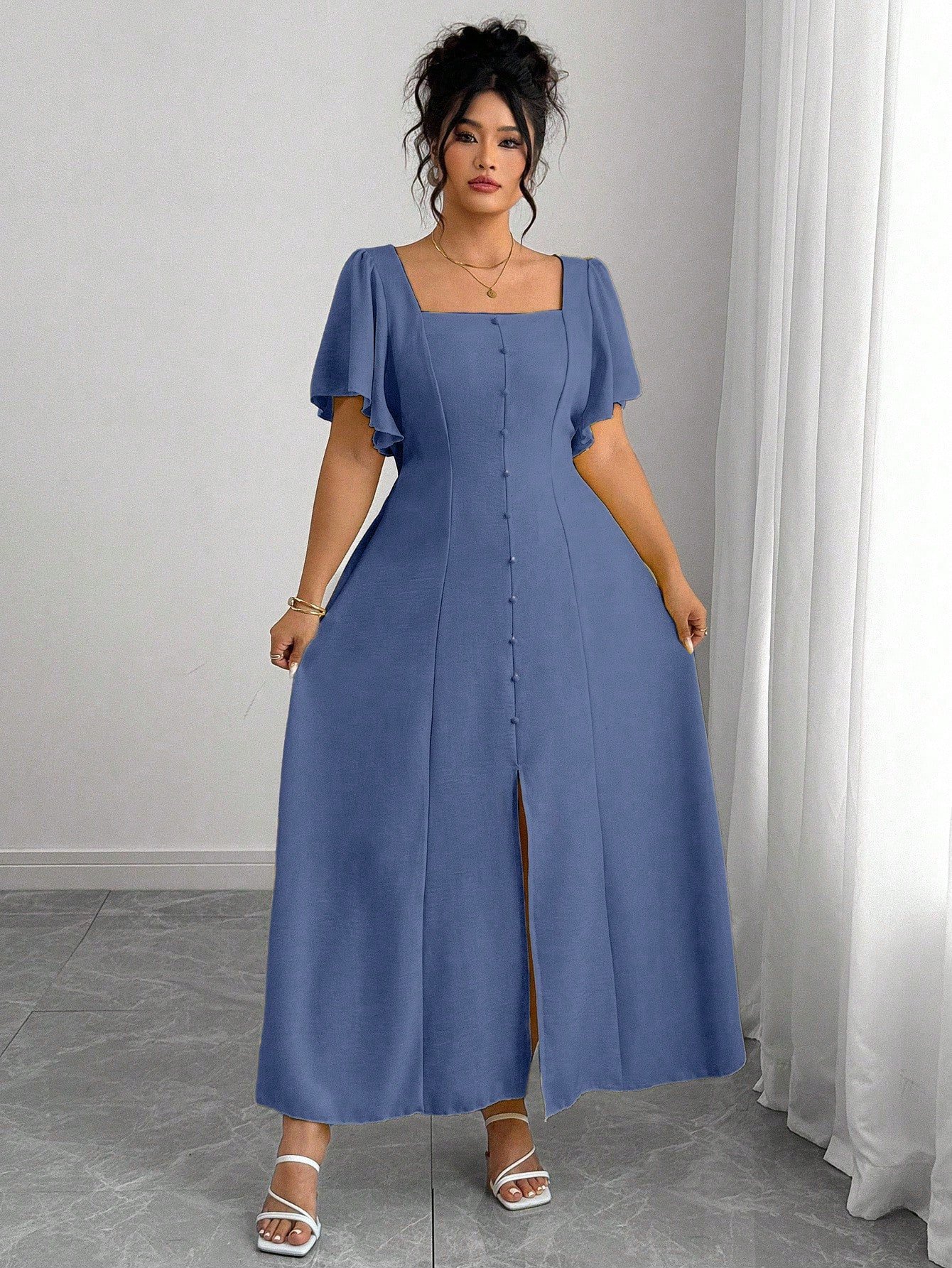 Robe carrée à encolure plissée avec taille cintrée, couleur unie – Image 5