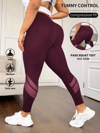 Alternative view of Leggings taille haute à patchwork en maille avec contrôle du ventre et poches latérales