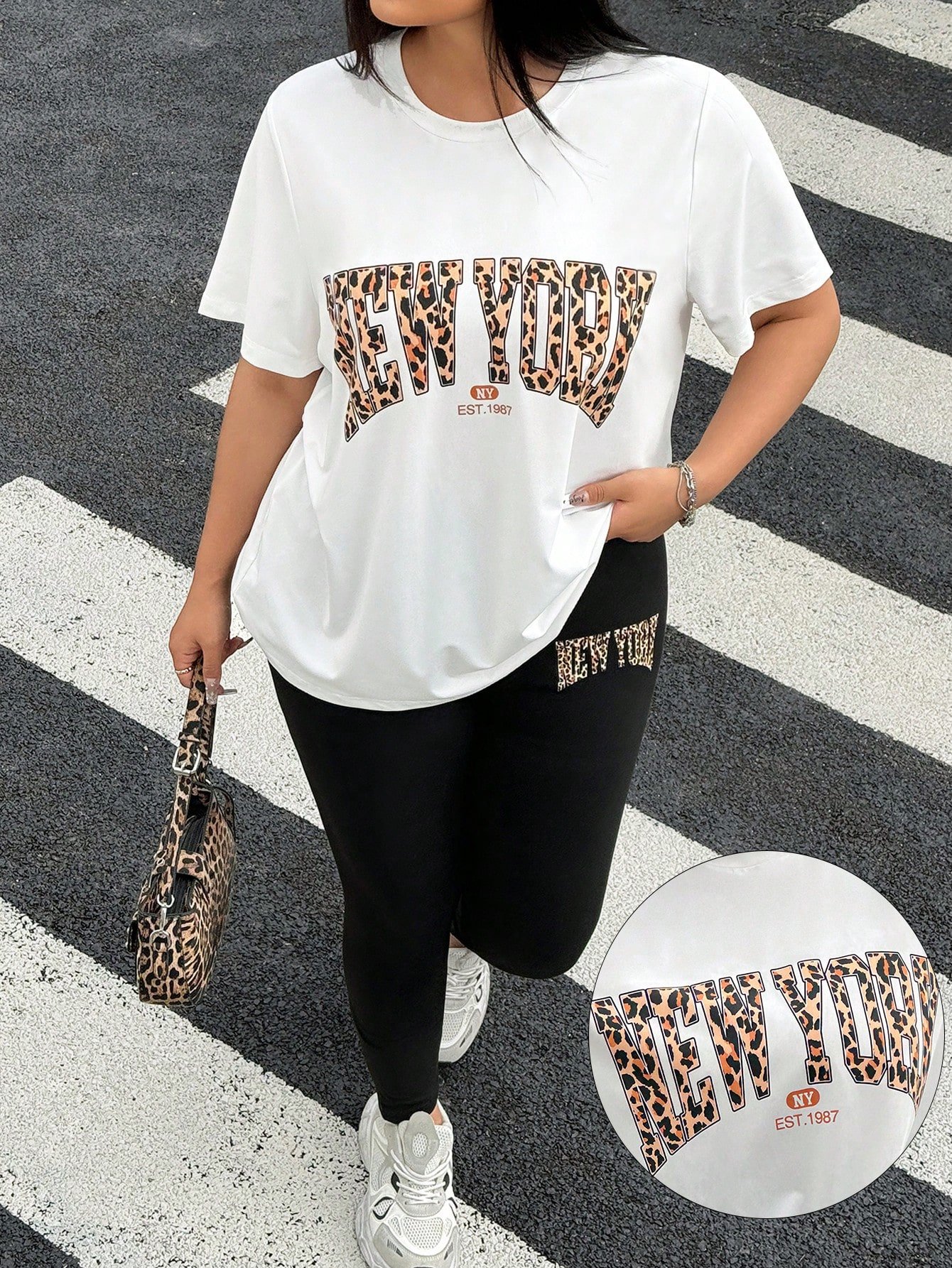 Ensemble t-shirt et legging imprimé léopard blanc – Image 3