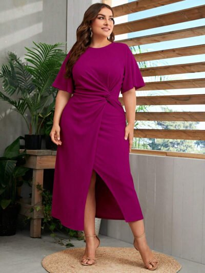 Robe d'été unie avec encolure ronde à manches courtes et nœud