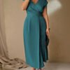Robe midi à manches longues style français élégant et simple, avec col V, taille froncée et ourlet à volants – Image 3