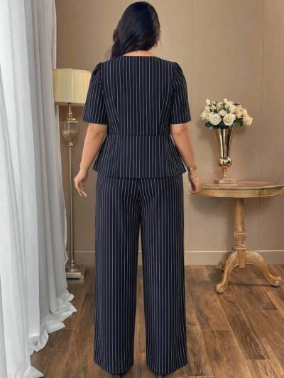 Alternative view of Chemise décontractée élégante vintage à col carré rayé bleu et blanc