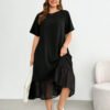 Robe mi-longue en mousseline de soie noire à manches courtes – Image 3