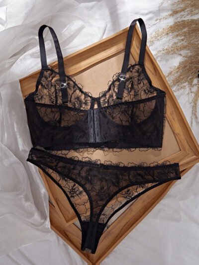 Alternative view of Ensemble soutien-gorge push-up et culotte en dentelle noire transparente et brodée