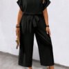 Combinaison casual col à revers, manches courtes, avec ceinture et poches, de couleur unie – Image 3