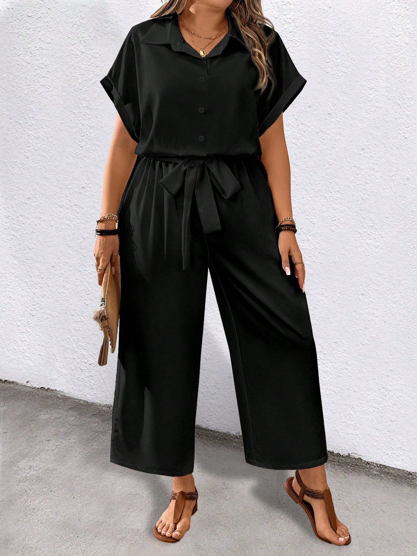 Combinaison casual col à revers, manches courtes, avec ceinture et poches, de couleur unie – Image 3