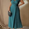 Robe midi à manches longues style français élégant et simple, avec col V, taille froncée et ourlet à volants – Image 4