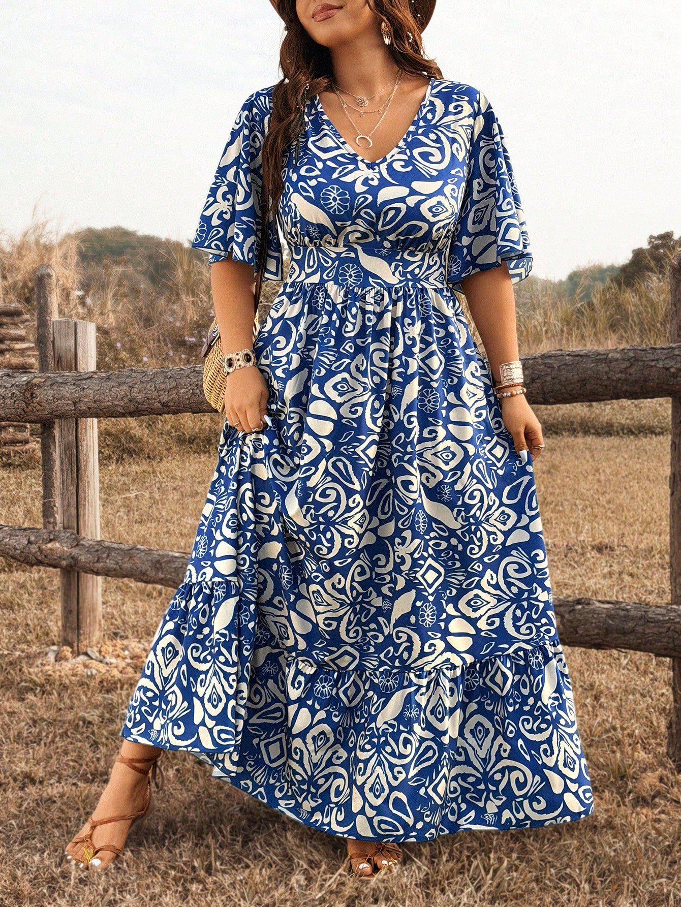 Robe maxi bohème bleue à imprimé aléatoire – Image 4