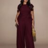 Ensemble Top noué à la taille et pantalon large en couleur unie – Image 4