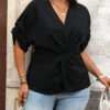 Blouse élégante à col V et manches courtes avec torsade à la taille, convient pour le travail – Image 4