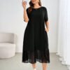Robe mi-longue en mousseline de soie noire à manches courtes – Image 4