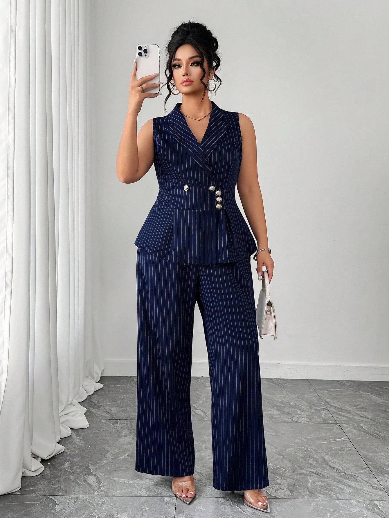 Ensemble 2 pièces gilet décontracté rayé et pantalon pour le trajet
