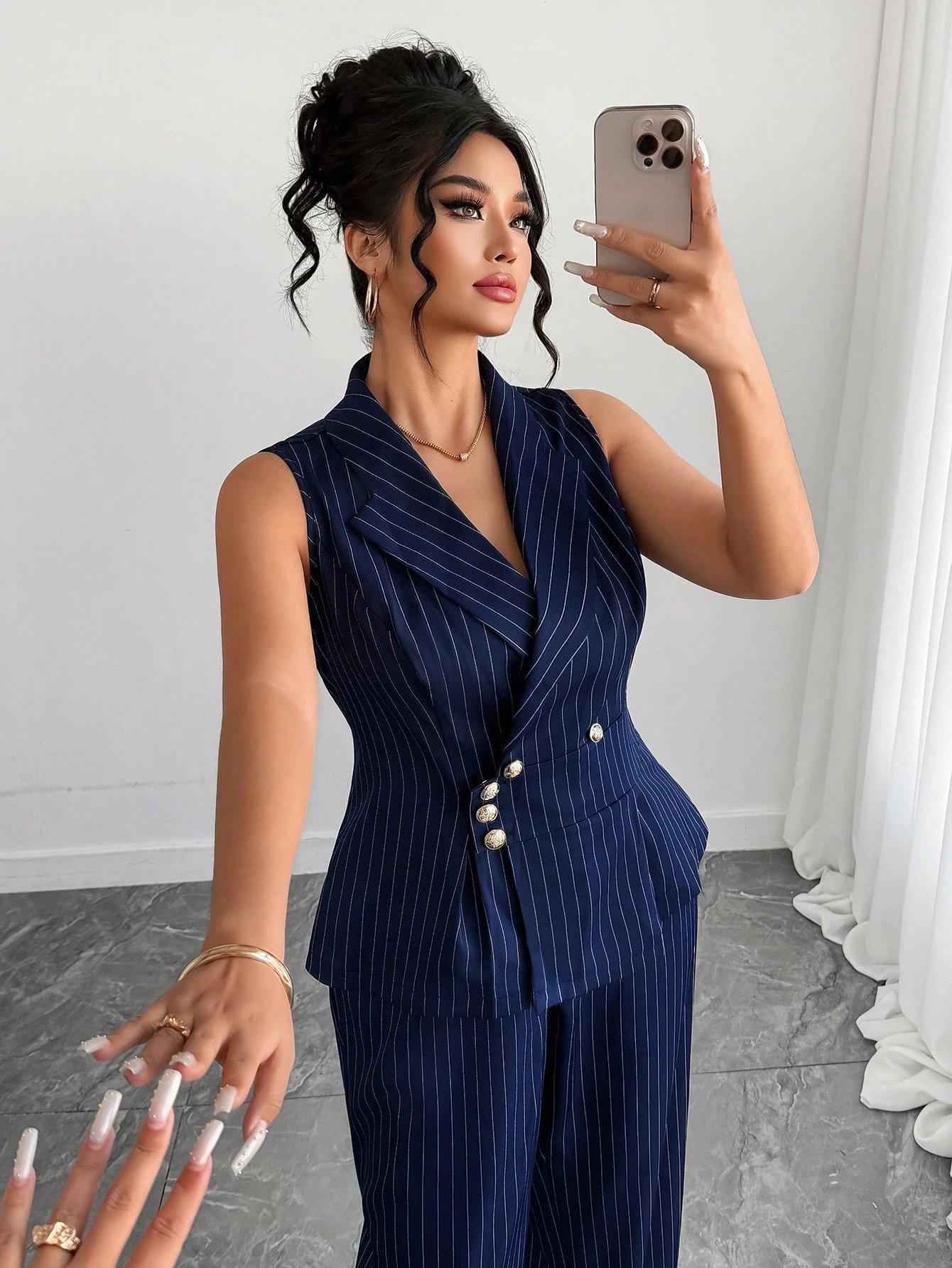 Ensemble 2 pièces gilet décontracté rayé et pantalon pour le trajet – Image 4