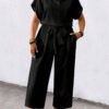 Combinaison casual col à revers, manches courtes, avec ceinture et poches, de couleur unie – Image 5