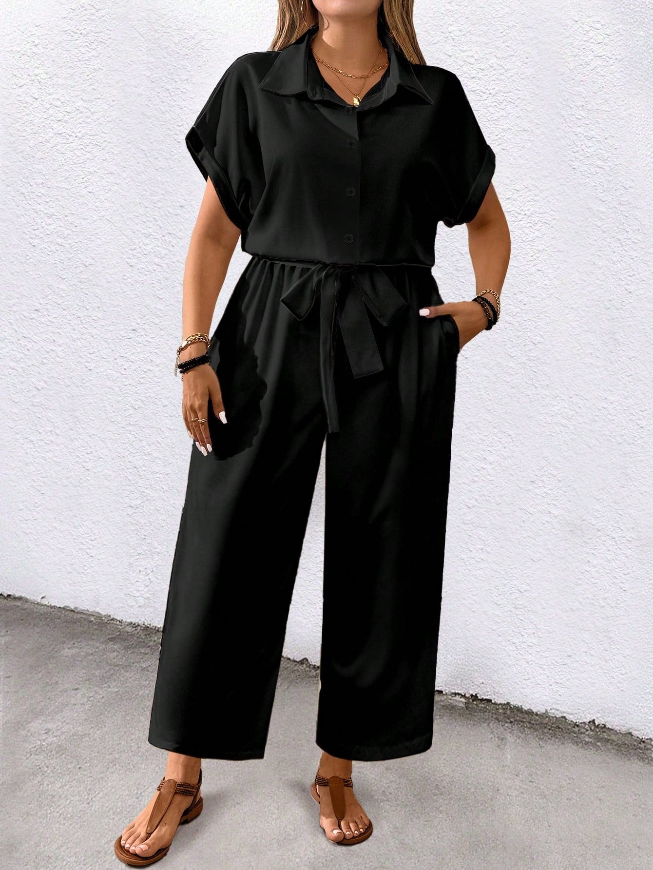 Combinaison casual col à revers, manches courtes, avec ceinture et poches, de couleur unie – Image 5