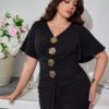 Robe midi moulante élégante de couleur unie à encolure V – Image 6