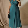 Robe midi à manches longues style français élégant et simple, avec col V, taille froncée et ourlet à volants – Image 5