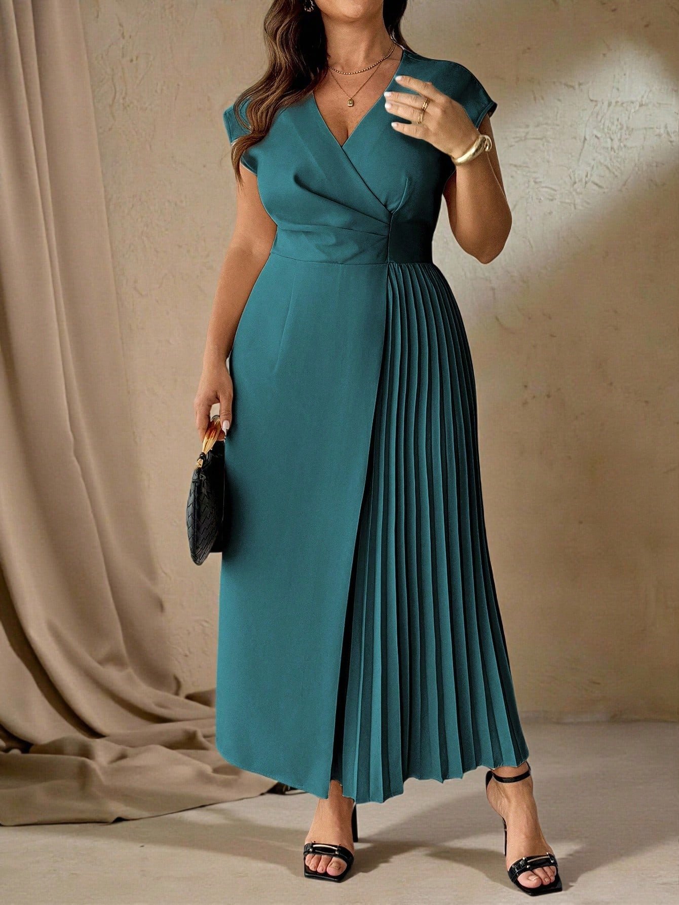 Robe midi à manches longues style français élégant et simple, avec col V, taille froncée et ourlet à volants – Image 5