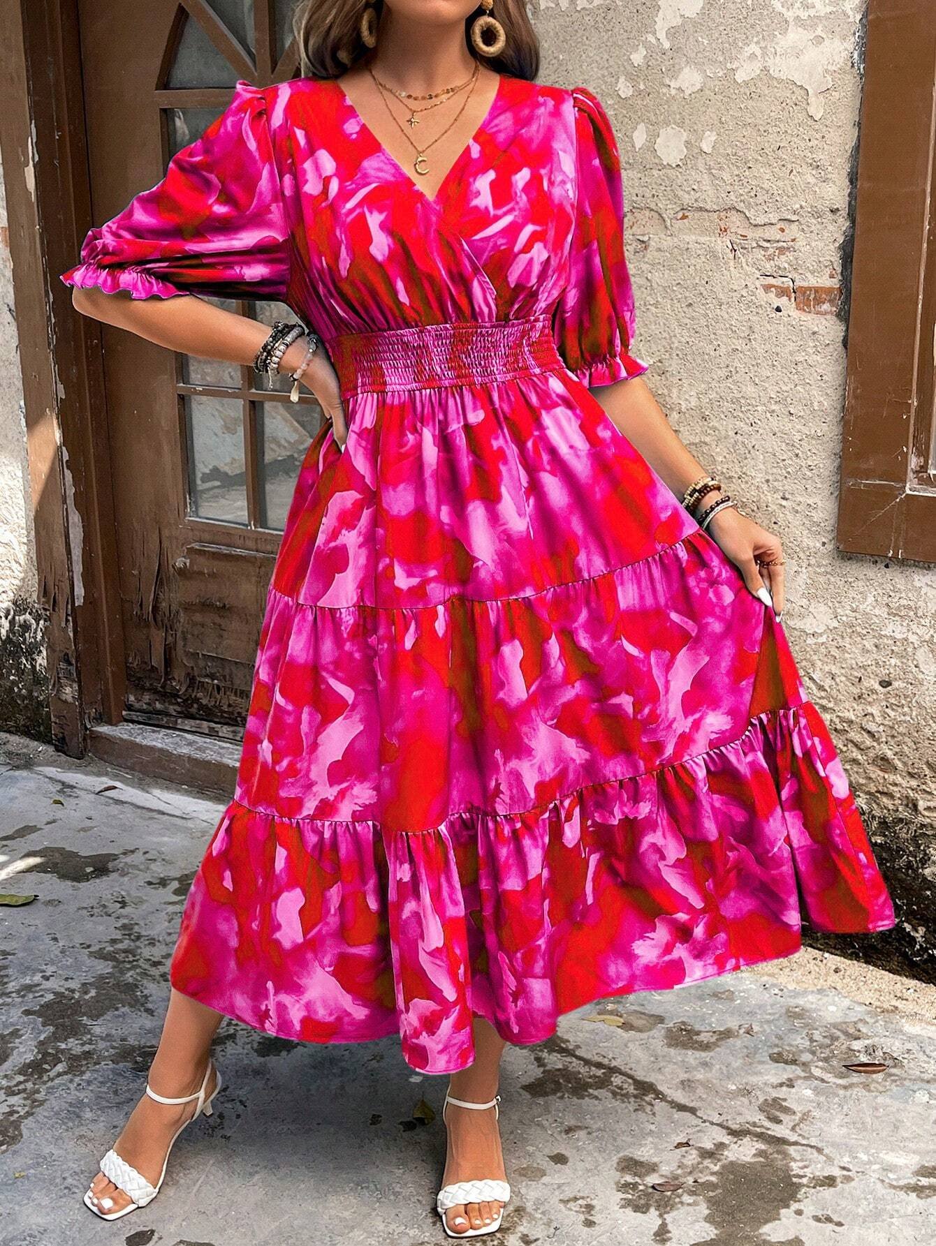 Robe imprimée de chiffres tous sur les manches courtes froncées – Image 5