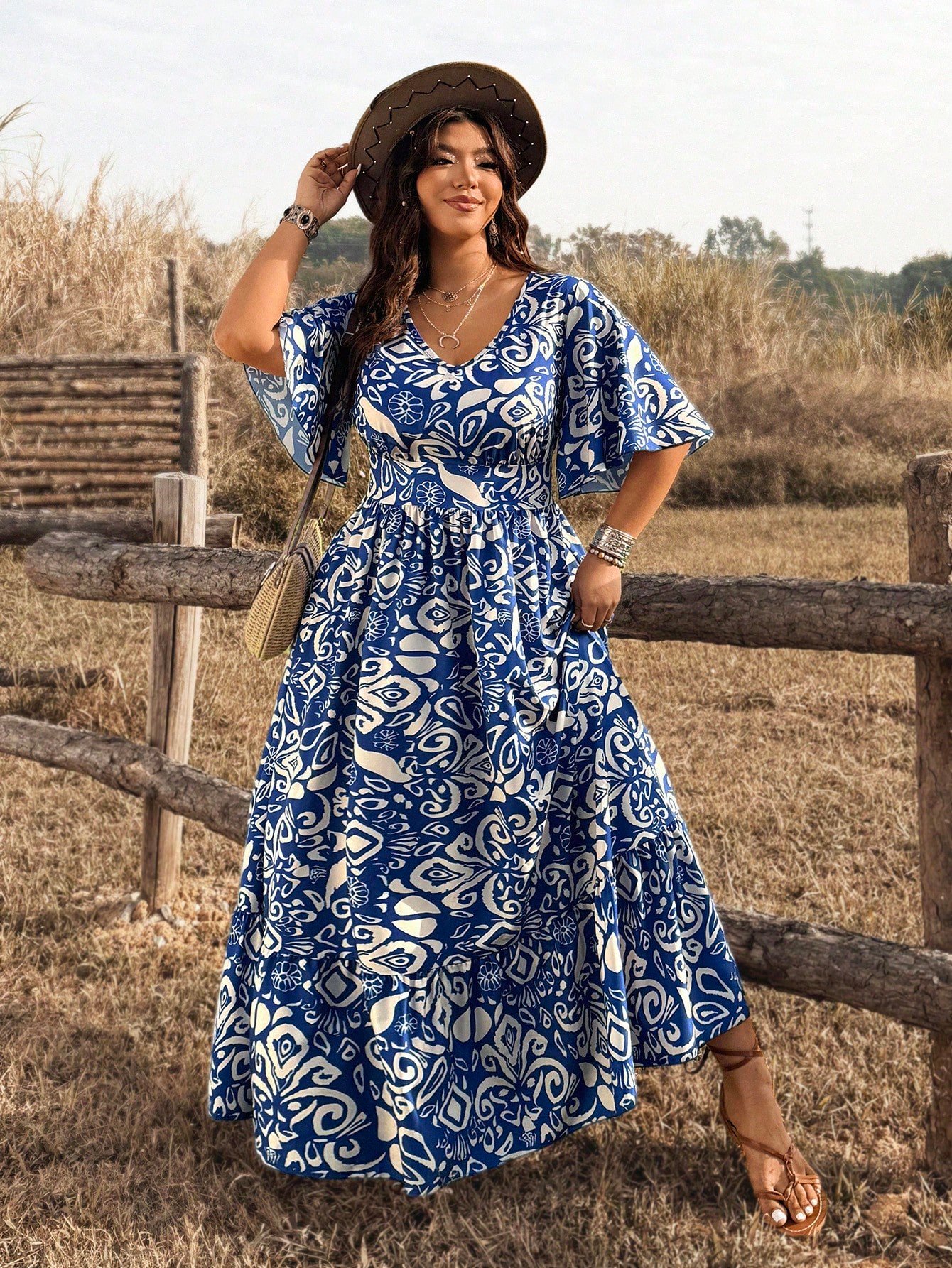 Robe maxi bohème bleue à imprimé aléatoire – Image 6
