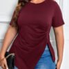 T-shirt ample en couleur unie avec un ourlet asymétrique froncé – Image 6