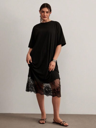 Robe de mode pour rendez-vous/sortie à encolure ronde avec patchwork en dentelle