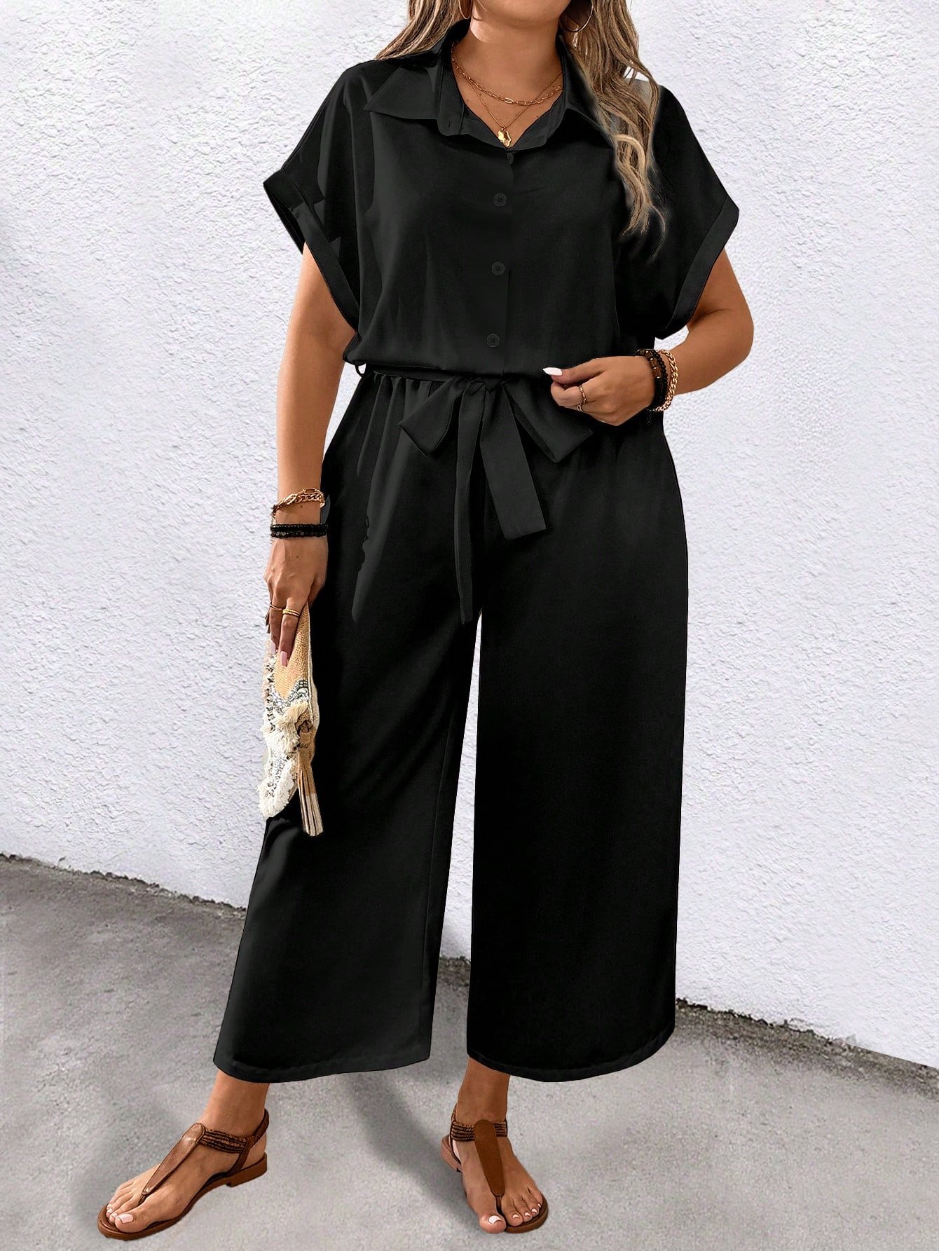 Combinaison casual col à revers, manches courtes, avec ceinture et poches, de couleur unie – Image 6