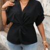 Blouse élégante à col V et manches courtes avec torsade à la taille, convient pour le travail – Image 6