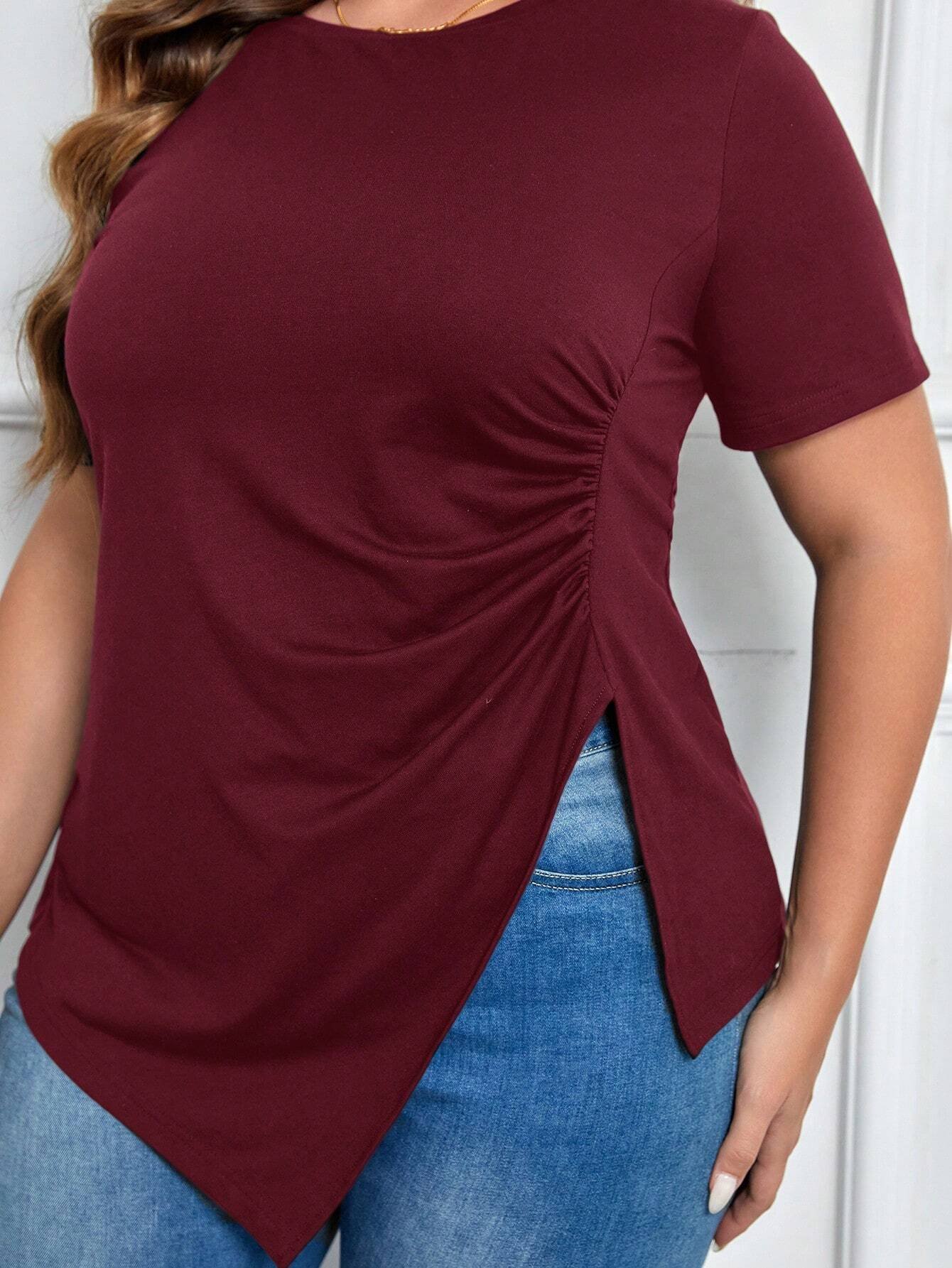 T-shirt ample en couleur unie avec un ourlet asymétrique froncé – Image 7
