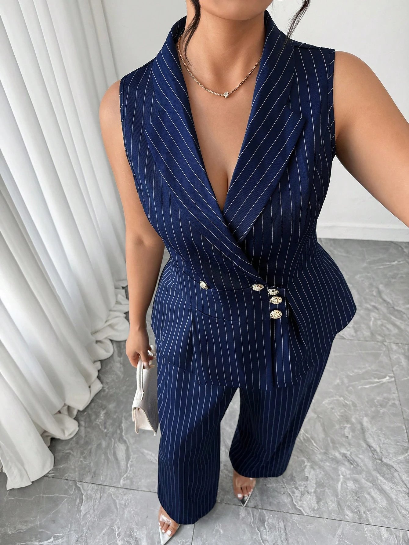 Ensemble 2 pièces gilet décontracté rayé et pantalon pour le trajet – Image 6
