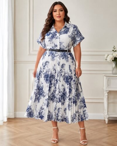 Robe mi-longue  à manches chauve-souris avec imprimé floral bleu et blanc et ourlet froncé