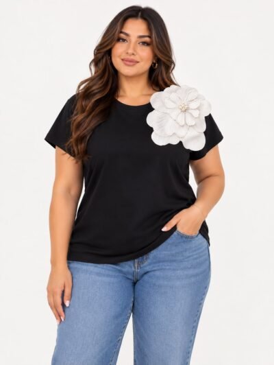 T-shirt décontracté à manches courtes et col rond, avec imprimé 3D floral