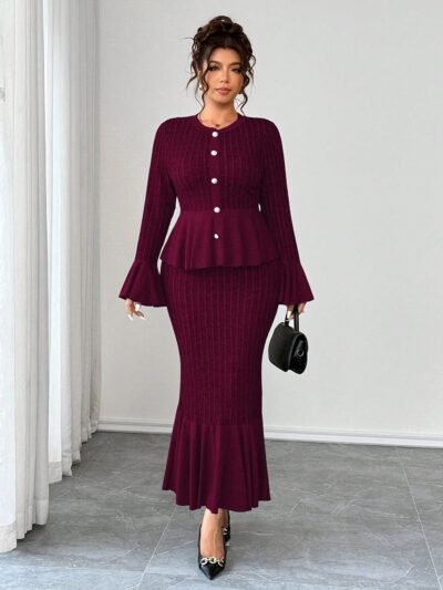 Ensemble sirène rayée à manches évasées en maille stretch élégante