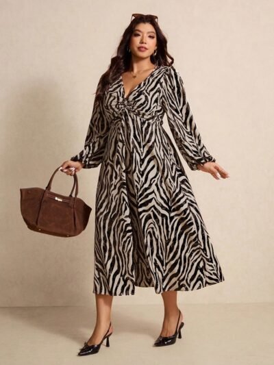 Robe à col en V imprimé zèbre et design torsadé