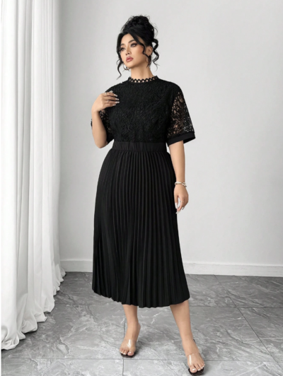 Robe élégante de soirée à manches courtes, col Mao, taille plissée
