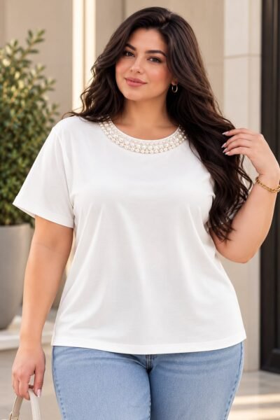 T-shirt d'été casual  à manches courtes avec décoration de perles