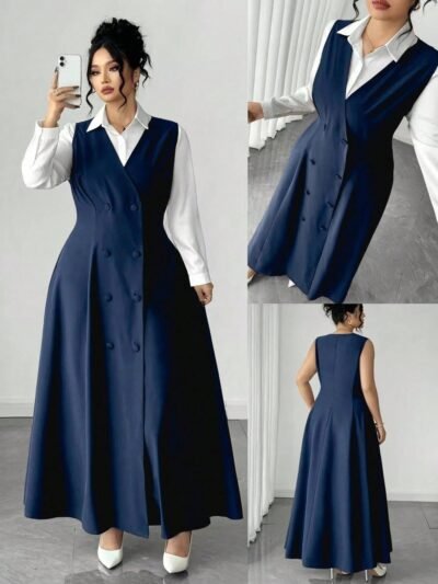Robe élégante sans manches à double boutonnage et col en V