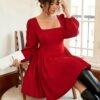 Robe courte col carré, manches lanterne, taille cintrée, ourlet évasé, élégante – Image 3