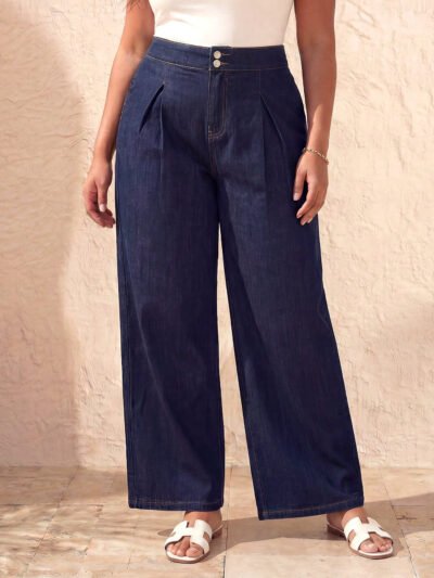 Alternative view of Jeans à jambe large avec plis à l'avant et boutons argentés