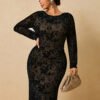 Robe longue à manches longues en maille de dentelle noire effet floqué – Image 7