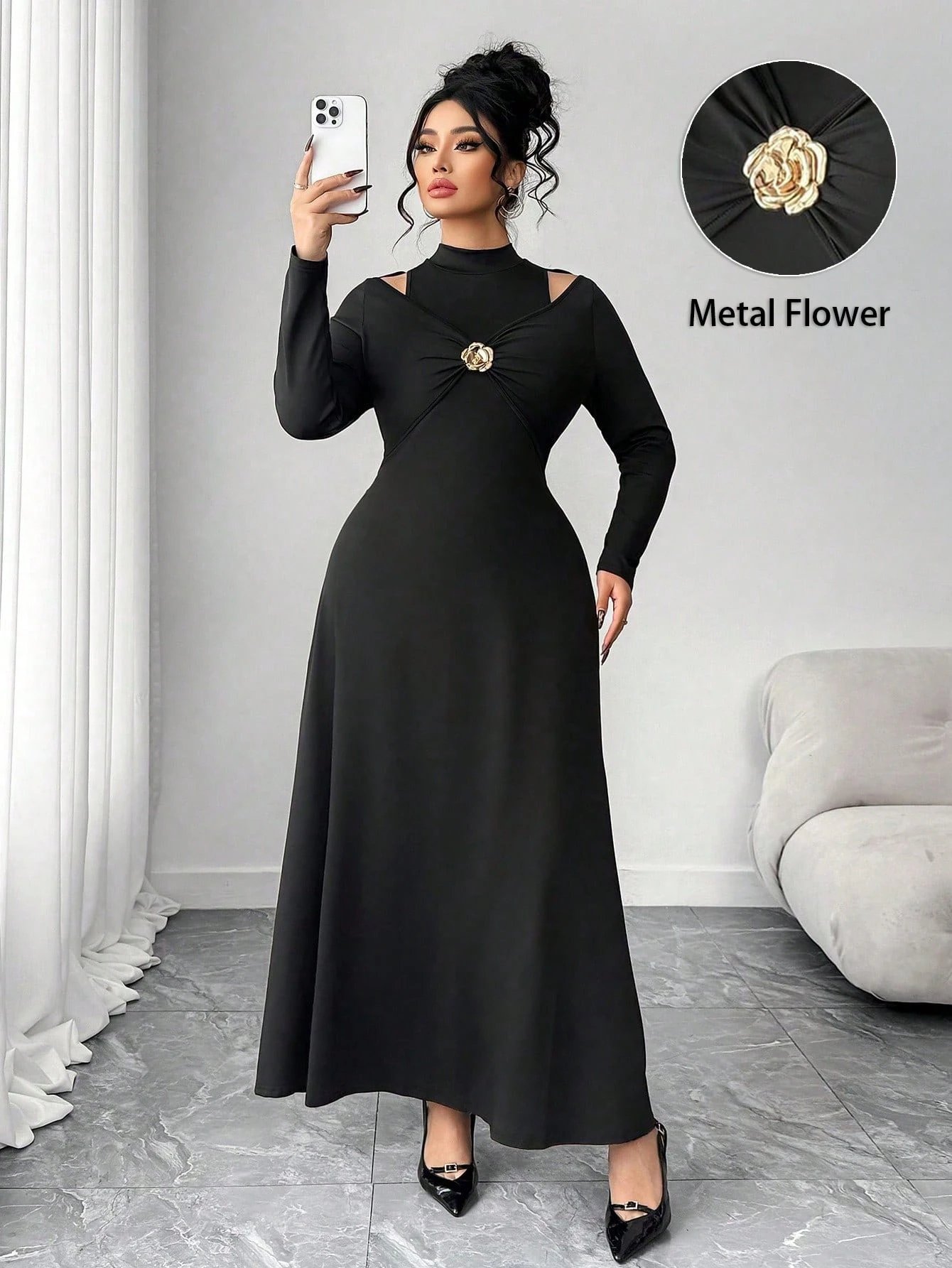 Robe longue moulante à encolure montante, décor en métal rose gold – Image 6