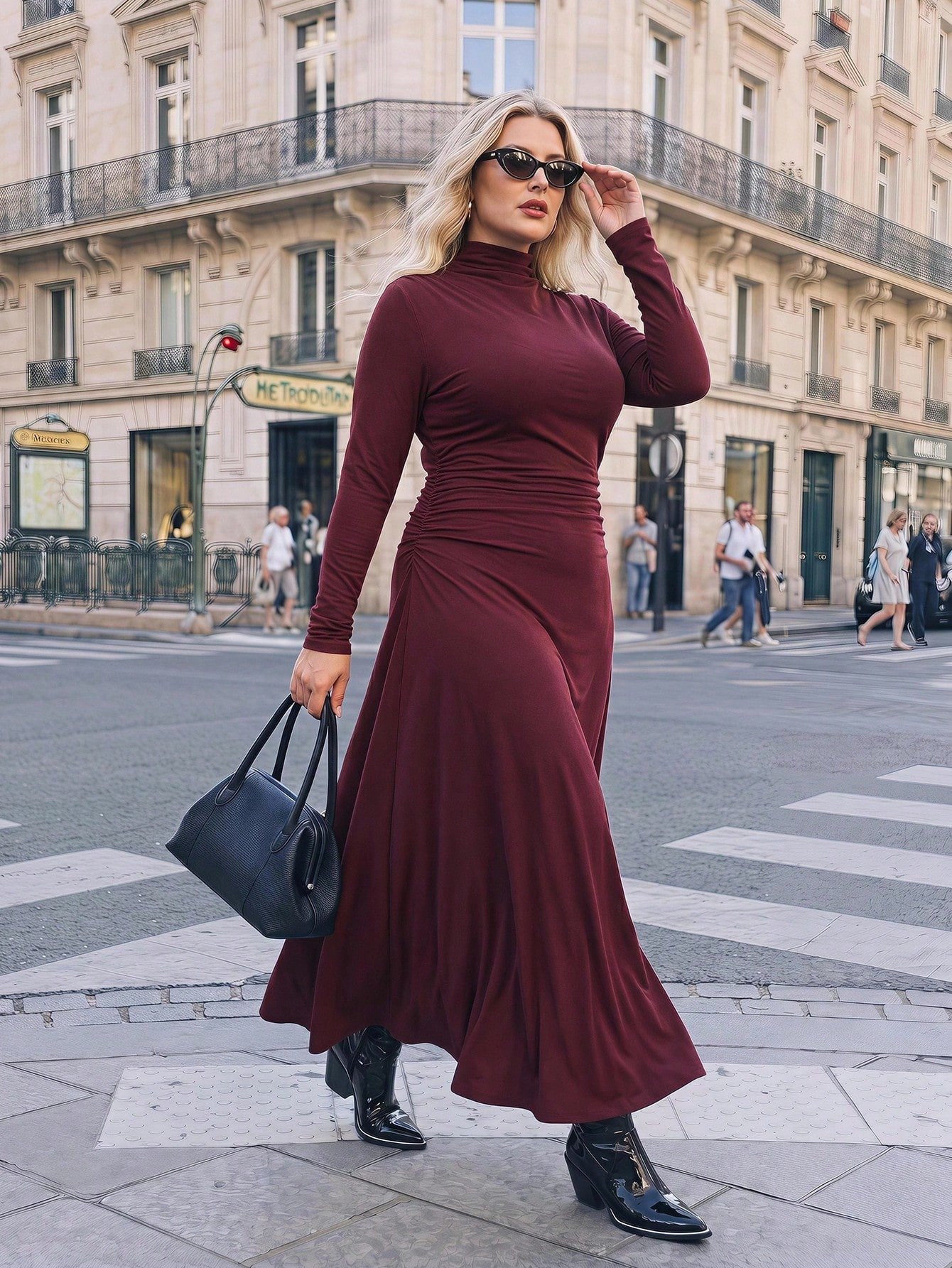 Robe élégante manches longues, plissée, moulante