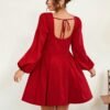 Robe courte col carré, manches lanterne, taille cintrée, ourlet évasé, élégante – Image 2