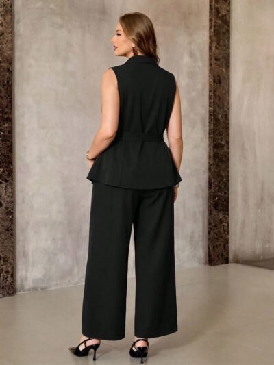 Alternative view of 2 pièces Veste blazer sans manches à ourlet asymétrique avec décoration boucle métallique,