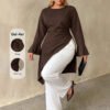 pull-over ,col rond manches longues évasées plis à la taille ourlet asymétrique élégant – Image 4