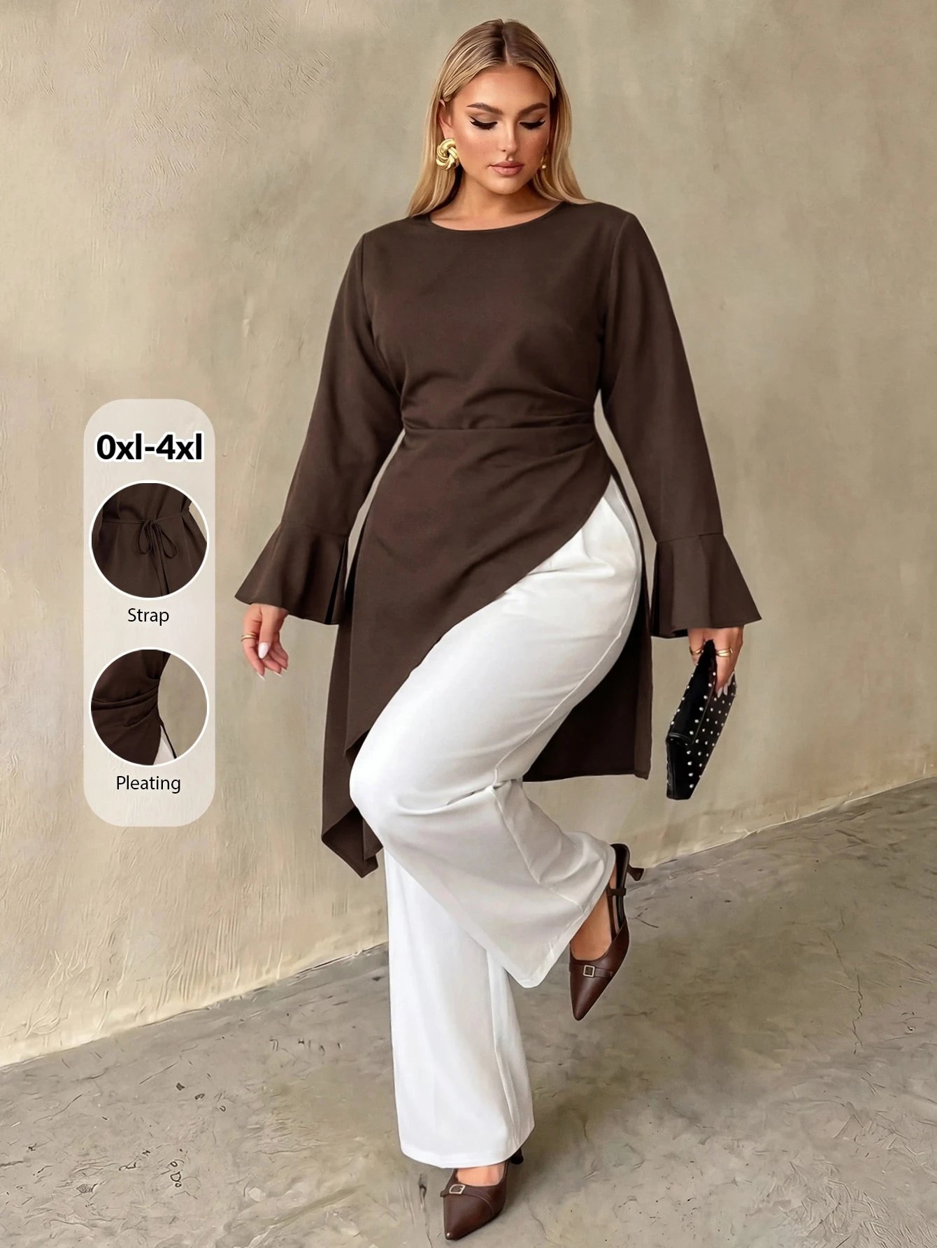 pull-over ,col rond manches longues évasées plis à la taille ourlet asymétrique élégant – Image 4