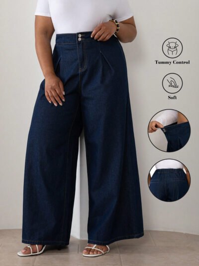 Jeans à jambe large avec plis à l'avant et boutons argentés