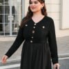 Robe vintage élégante à manches longues à col en V avec décoration de bouton – Image 6